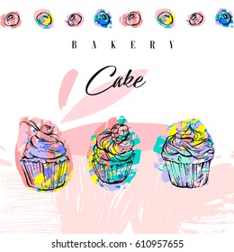 Hand drawn vector abstract card with collage cupcakes,freehand textures,berries and typography quote Bakery cake in pastel colors isolated on white background.Menu,shop,sign,labels,tags,business