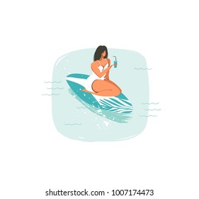 Hand drawn vector abstract cartoon summer time fun illustrations icon with swimming surfer girl on longboard in blue ocean waves isolated on white background.