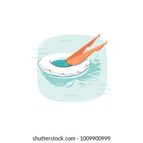 Hand drawn vector abstract cartoon summer time fun illustrations icon with swimming girl on buoy ring float in blue ocean waves isolated on white background.