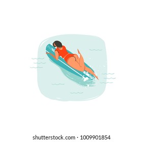 Hand drawn vector abstract cartoon summer time fun illustrations icon with swimming surfer girl on longboard in blue ocean waves isolated on white background.