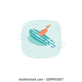 Hand drawn vector abstract cartoon summer time fun illustrations icon with swimming surfer dog on longboard in blue ocean waves isolated on white background.