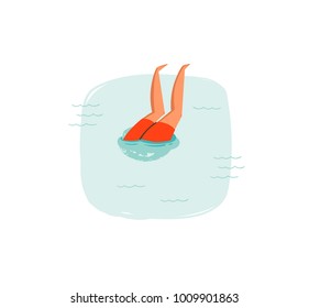 Hand drawn vector abstract cartoon summer time fun illustrations icon with swimming diving boy in blue ocean waves isolated on white background.