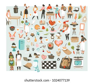 Hand drawn vector abstract cartoon cooking class illustrations icons collection set with cooking chef people characters mans,womans and cooking utensils and food isolated on white background.