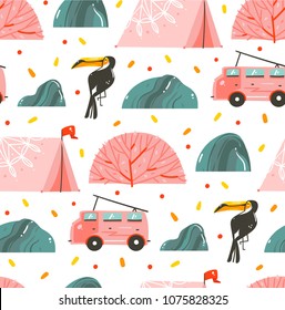 Hand drawn vector abstract cartoon graphic summer time seamless pattern with tent,stones,coral reef,camper van bus and toucan isolated on white background.