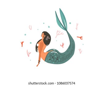 Hand drawn vector abstract cartoon graphic summer time underwater illustrations with coral reefs,fish and mermaid girl character isolated on white background.