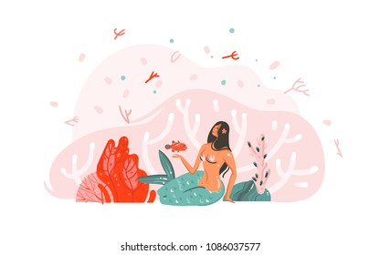 Hand drawn vector abstract cartoon graphic summer time underwater illustrations poster with coral reefs,fish,stones,seaweed and beauty bohemian mermaid girl character isolated on white background.