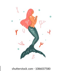 Hand drawn vector abstract cartoon graphic summer time underwater illustrations with coral reefs and swimming pink hair mermaid girl character isolated on white background.