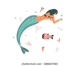 Hand drawn vector abstract cartoon graphic summer time underwater illustrations with coral reefs,fish and mermaid girl character isolated on white background.