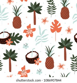 Hand drawn vector abstract cartoon summer time. Fun illustration seamless pattern with palm leaves, flowers, coconut, pineapple.
