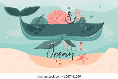 Hand drawn vector abstract cartoon summer time graphic illustrations art template background with ocean bottom,big whale,corals,seaweed and hello Ocean typography quote isolated on blue water waves.