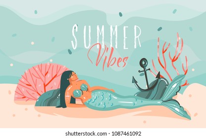 Hand drawn vector abstract cartoon summer time graphic illustrations art template background with ocean bottom,beauty mermaid girl and Summer Vibes typography quote isolated on blue water waves.