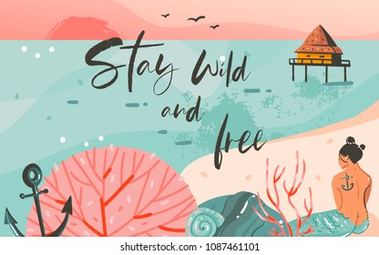 Dibujo manual de caricaturas abstractas de verano ilustraciones gráficas de arte fondo de plantilla con paisaje de playa oceánica, puesta de sol rosa y chica de belleza se mezcla con Stay Wild y tipografía libre cita.