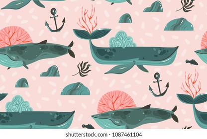 Hand drawn vector abstract cartoon graphic summer time underwater ocean bottom illustrations seamless pattern with coral reefs,beauty big whales,seaweeds and anchor isolated on pink pastel background.