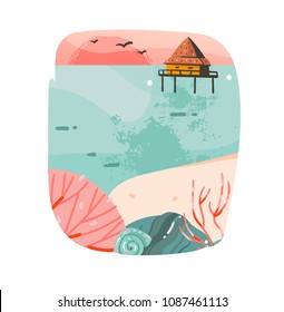 Hand drawn vector abstract cartoon summer time graphic illustrations template background logo design with ocean beach landscape,pink sunset and beach cabin house with copy space place for your design.
