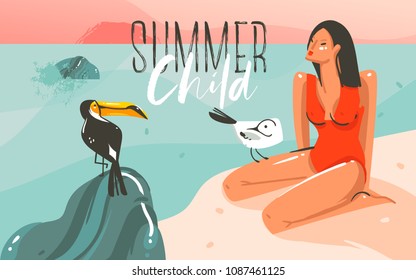 Hand drawn vector abstract cartoon summer time graphic illustrations art template background with ocean beach landscape,pink sunset,toucan bird and beauty girl with Summer Child typography quote.