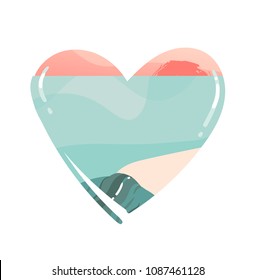 Hand drawn vector abstract cartoon summer time beach graphic illustrations art template logo background in heart shape with ocean beach landscape,pink sunset view,and copy space place for your design.