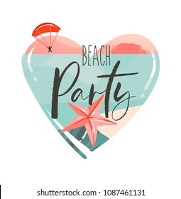 Handgezeichnete, abstrakte Vektorgrafik Strandgrafik in der Sommerzeit Grafiken Kunstvorlage Logo-Hintergrund in Herzform mit Meeresstrand-Landschaft, rosafarbene Sonnenuntergang-Ansicht und Beach-Party-Typografie-Text.