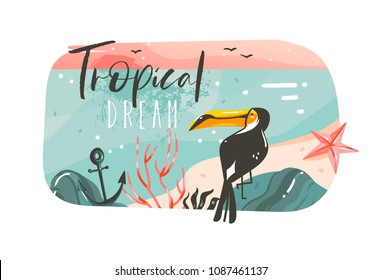 Hand drawn vector abstract cartoon summer time graphic illustrations art template banner background with ocean beach landscape,pink sunset view,beauty toucan with Tropical Beach typography quote.