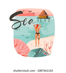 Hand drawn vector abstract cartoon summer time graphic illustrations template background logo design with ocean beach landscape,beach cabin house,pink sunset and beauty girl with Sea typography text.
