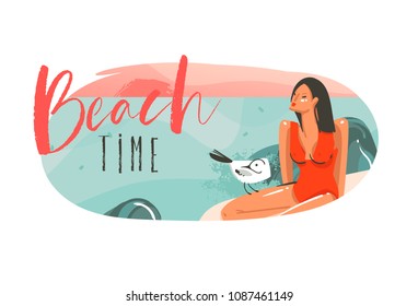 Hand drawn vector abstract cartoon summer time graphic hawaii illustrations art template background logo design with ocean beach landscape,pink sunset and beauty girl with Beach time typography quote.