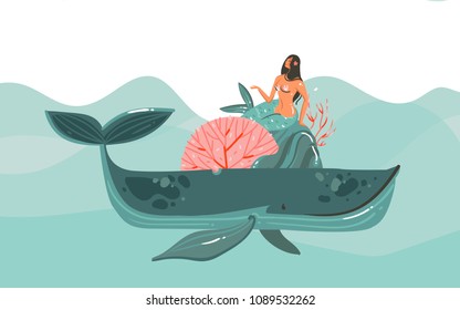 Hand drawn vector abstract cartoon summer time graphic marine illustrations art template background with blue ocean waves,big whale,corals and beauty mermaid girl isolated on white background.