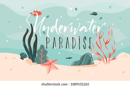 Hand Drawn Vector Abstract Cartoon Summer Time Graphic Illustrations Template Background With Ocean Bottom,corals Reefs,seaweed And Underwater Paradise Typography Quote Isolated On Blue Water Waves.