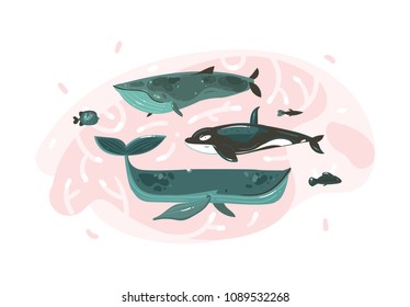 Hand drawn vector abstract cartoon graphic summer time underwater illustrations collection set with coral reefs and beauty big whales characters isolated on white background.