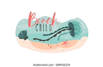 Hand drawn vector abstract cartoon summer time graphic underwater illustrations template background with sea bottom,shell,jellyfish,starfish and Beach Child typography isolated on white.