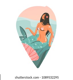 Hand drawn vector abstract cartoon summer time graphic underwater illustrations art template background with ocean,beauty mermaid girl and copy space background for your text isolated on white.
