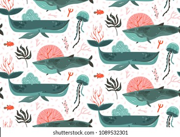 Hand drawn vector abstract cartoon graphic summer time underwater ocean bottom illustrations seamless pattern with coral reefs,beauty big whales,seaweeds and jellyfish isolated on white background.