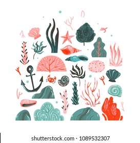 Hand drawn vector abstract cartoon graphic summer time underwater illustrations art collection set with coral reefs,seaweeds,starfish,crab,anchor,stones and sea shells isolated on white background.