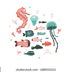 Hand drawn vector abstract cartoon graphic summer time underwater illustrations art collection set with coral reefs,jellyfish,seahorse and different fishes isolated on white background.