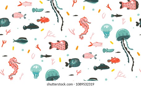 Hand drawn vector abstract cartoon graphic summer time underwater illustrations seamless pattern with coral reefs,jellyfish,seahorse and different fishes isolated on white background.