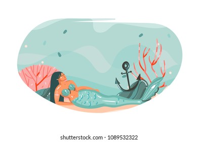 Hand drawn vector abstract cartoon summer time graphic underwater illustrations art template background with ocean bottom,beauty mermaid girl and copy space background for your text isolated on white.