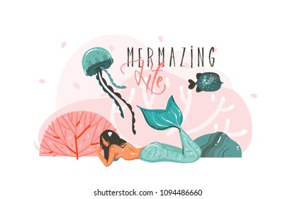 Hand drawn vector abstract cartoon graphic underwater illustrations poster with coral reefs,fish,seaweed and beauty mermaid girl character with Mermazing Life typography isolated on white background.