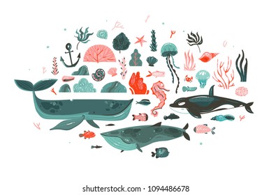 Hand drawn vector abstract cartoon graphic underwater world big illustrations collection set with coral reefs,beauty killer whale,whale,jellyfish,fishes,seaweeds,corals isolated on white background.