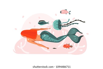 Hand drawn vector abstract cartoon graphic underwater illustrations poster with coral reefs,seaweed,fish,jellyfish and beauty swimming mermaid girl character with red hair isolated on white background