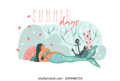Hand drawn vector abstract cartoon graphic underwater illustrations poster with coral reefs,anchor,seaweed and beauty mermaid girl character with Summer days typography isolated on white background.