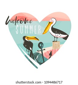 Hand drawn vector abstract cartoon summer time beach graphic illustrations template logo background in heart shape with ocean beach landscape,toucan,pelinan birds,and Welcom Summer typography text.
