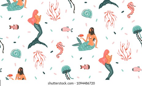 Hand drawn vector abstract cartoon graphic summer time underwater illustrations seamless pattern with jellyfish,fishes and beauty bohemian mermaid girls characters isolated on white background.