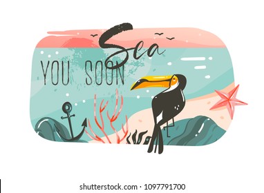 Hand drawn vector abstract cartoon summer time graphic illustrations art template banner background with ocean beach landscape,pink sunset view,beauty toucan with Sea you soon typography quote.