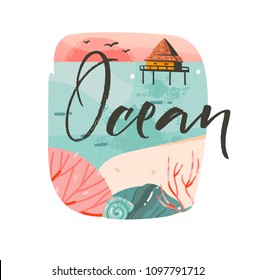 Hand drawn vector abstract cartoon summer time graphic illustrations template background logo design with ocean beach landscape,pink sunset and beach cabin house with Ocean typography text.