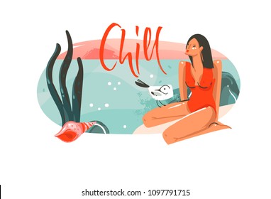 Hand drawn vector abstract cartoon summer time graphic hawaii illustrations art template background logo design with ocean beach landscape,pink sunset and beauty girl with Chill typography quote.