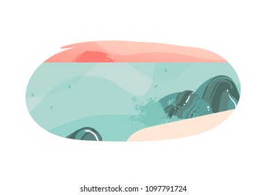 Hand drawn vector abstract cartoon summer time graphic hawaii illustrations template background badge design with ocean beach landscape,sunset and copy space place for your text or logo design.