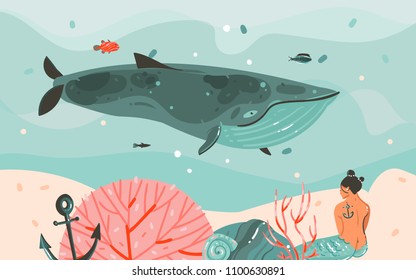 Hand drawn vector abstract cartoon summer time graphic illustrations art template background with ocean bottom,beauty mermaid girl,whale and underwater blue waves