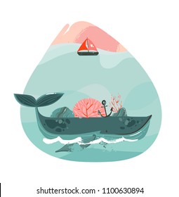 Hand drawn vector abstract cartoon summer time graphic illustrations art template print logo background with beauty big whale,sail and copy space background for your text isolated on white