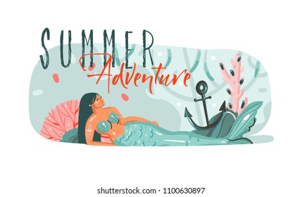 Hand drawn vector abstract cartoon summer time graphic underwater illustrations art template background with ocean bottom,beauty mermaid girl and Summer Adventure typography text isolated on white