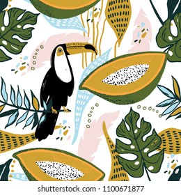 Hand drawn vector abstract cartoon summer time. Fun illustration seamless pattern with palm leaves, flowers, toucan, mango.