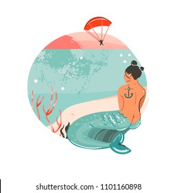 Hand drawn vector abstract cartoon summer time graphic illustrations art template background logo design with ocean beach landscape,sunset and beauty mermaid girl with copy space place for your text