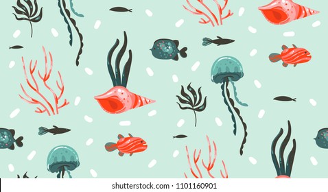 Hand drawn vector abstract cartoon graphic summer time underwater illustrations seamless pattern with coral reefs,jellyfish,seahorse and different fishes isolated on white background